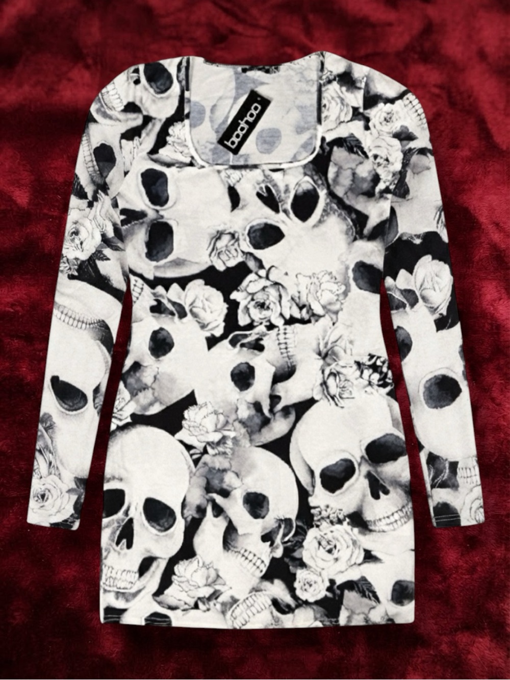 Boohoo Dress Black White Skull Rose Floral Mini Bodycon Goth Halloween 14 NWT